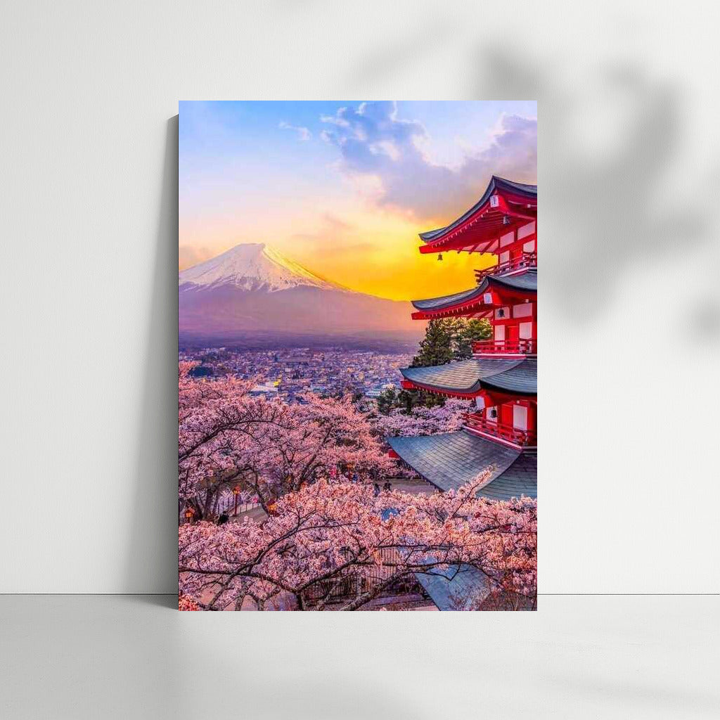 Sunset over Fujiyama: Sakura and Temple of Japan