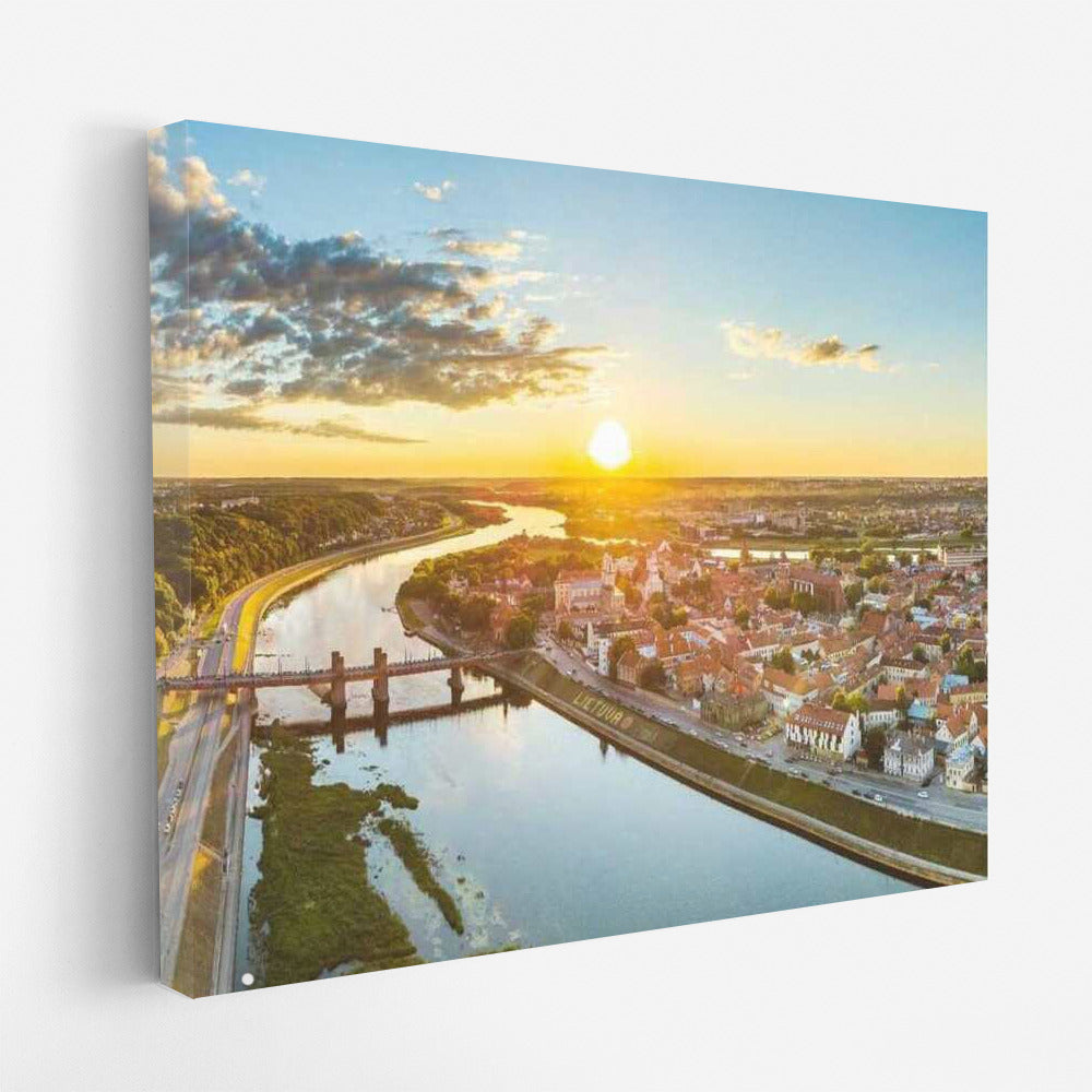 Sunset over the River and the Old Town of Lithuania: Tranquility and Atmosphere of the Country