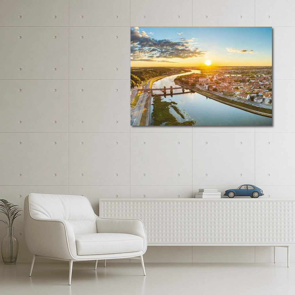 Sunset over the River and the Old Town of Lithuania: Tranquility and Atmosphere of the Country