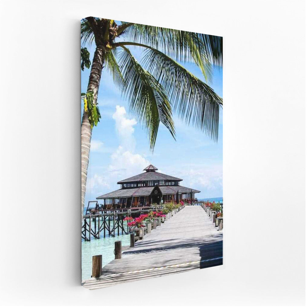 Tropical Coziness: Wooden Pier and Palm House in Malaysia