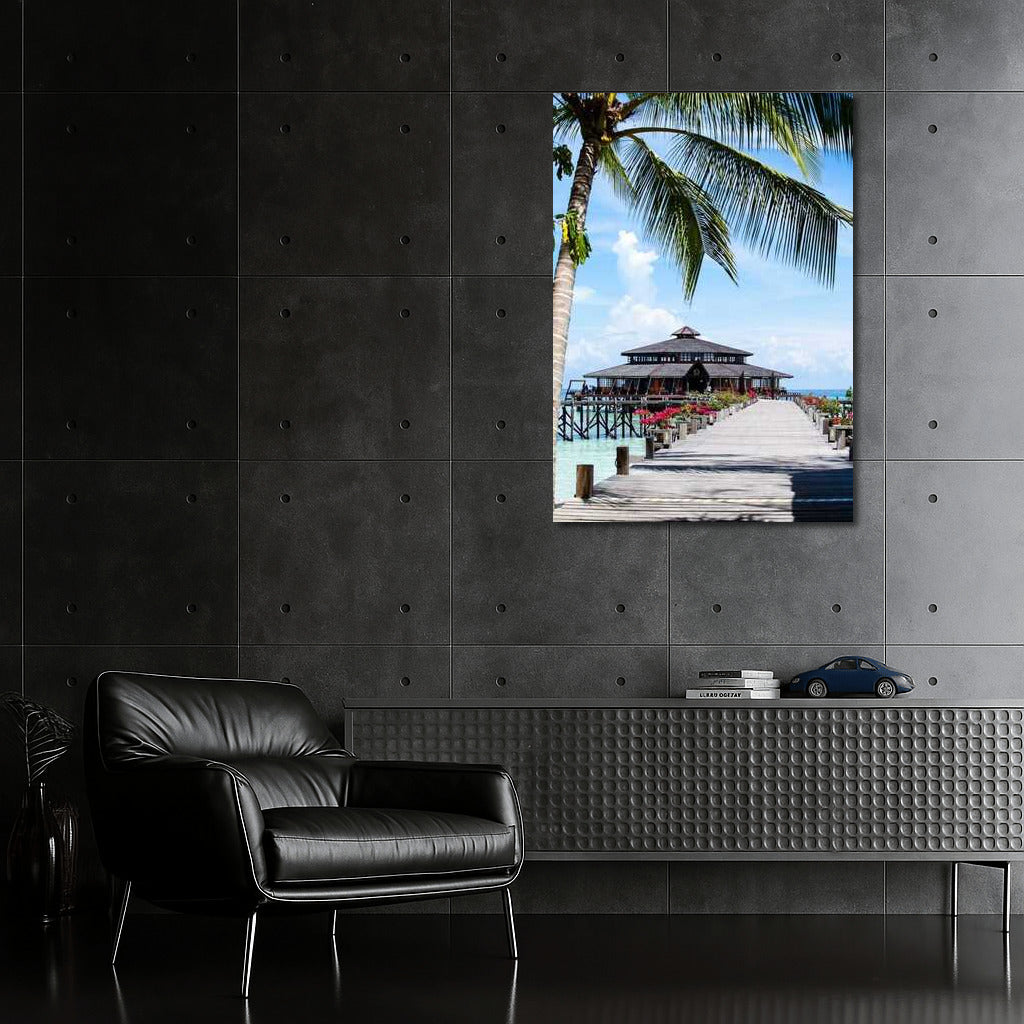Tropical Coziness: Wooden Pier and Palm House in Malaysia