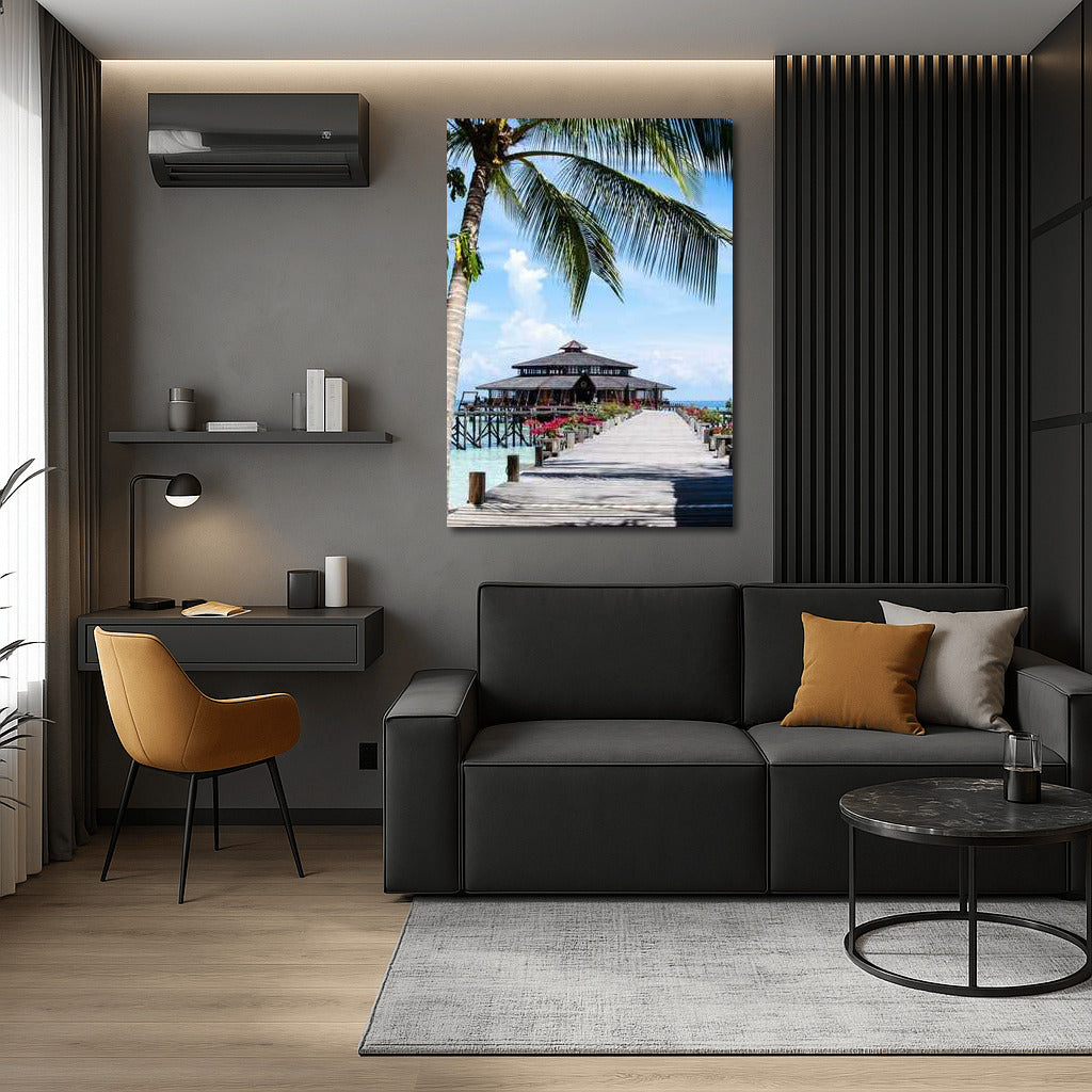 Tropical Coziness: Wooden Pier and Palm House in Malaysia