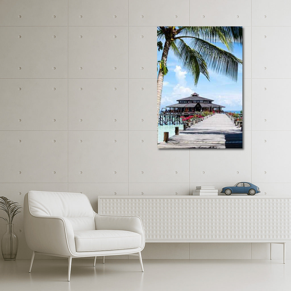 Tropical Coziness: Wooden Pier and Palm House in Malaysia