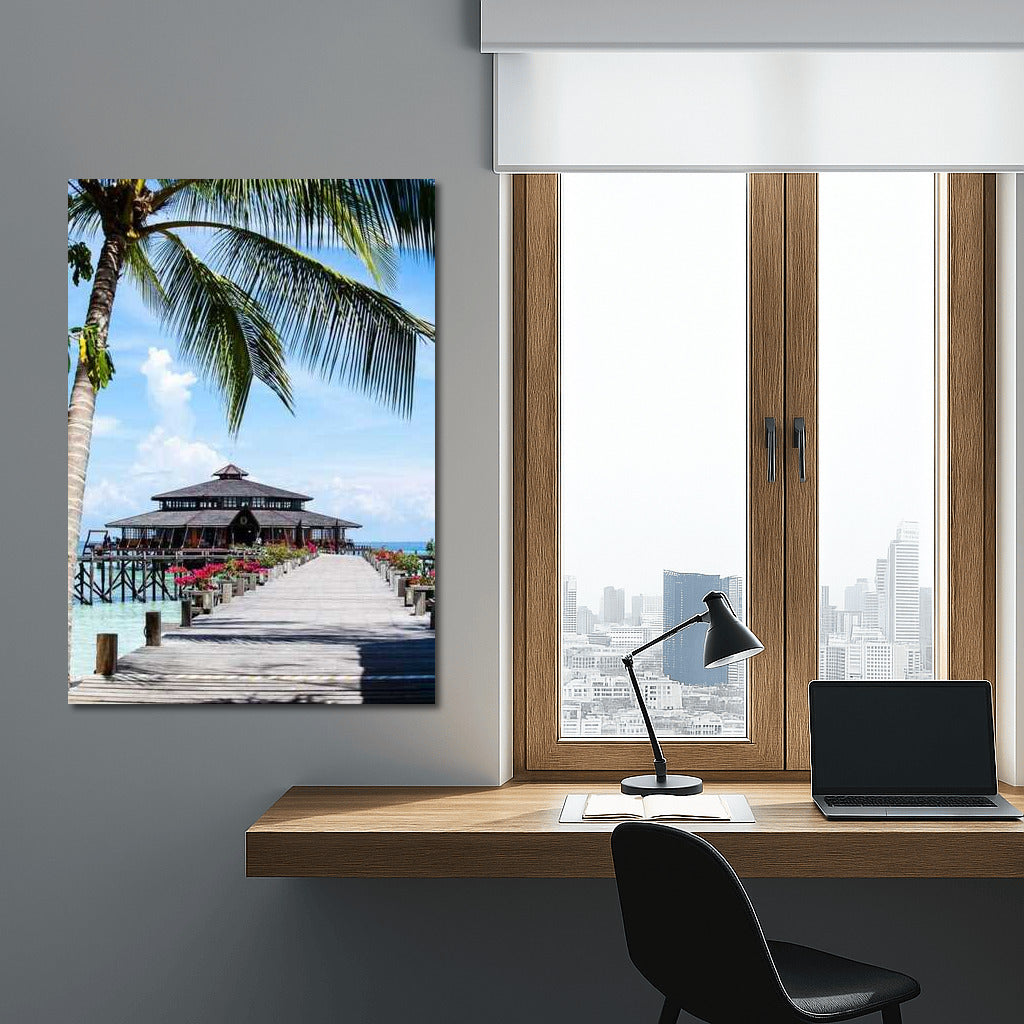 Tropical Coziness: Wooden Pier and Palm House in Malaysia