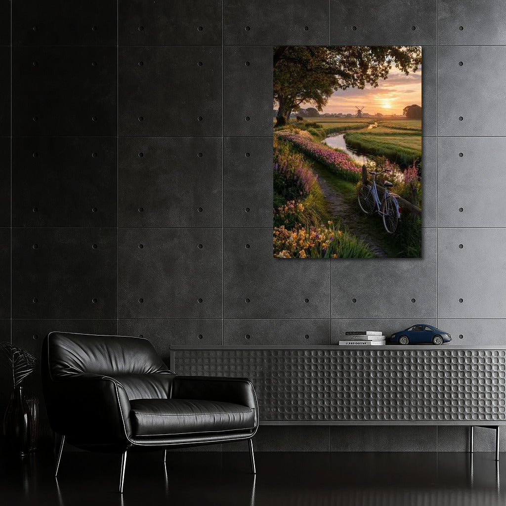 Magical Sunset: Windmill and Blooming Fields of the Netherlands