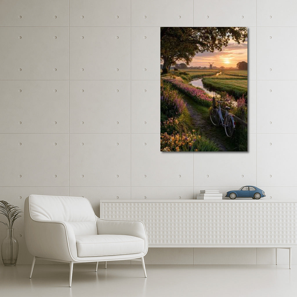 Magical Sunset: Windmill and Blooming Fields of the Netherlands