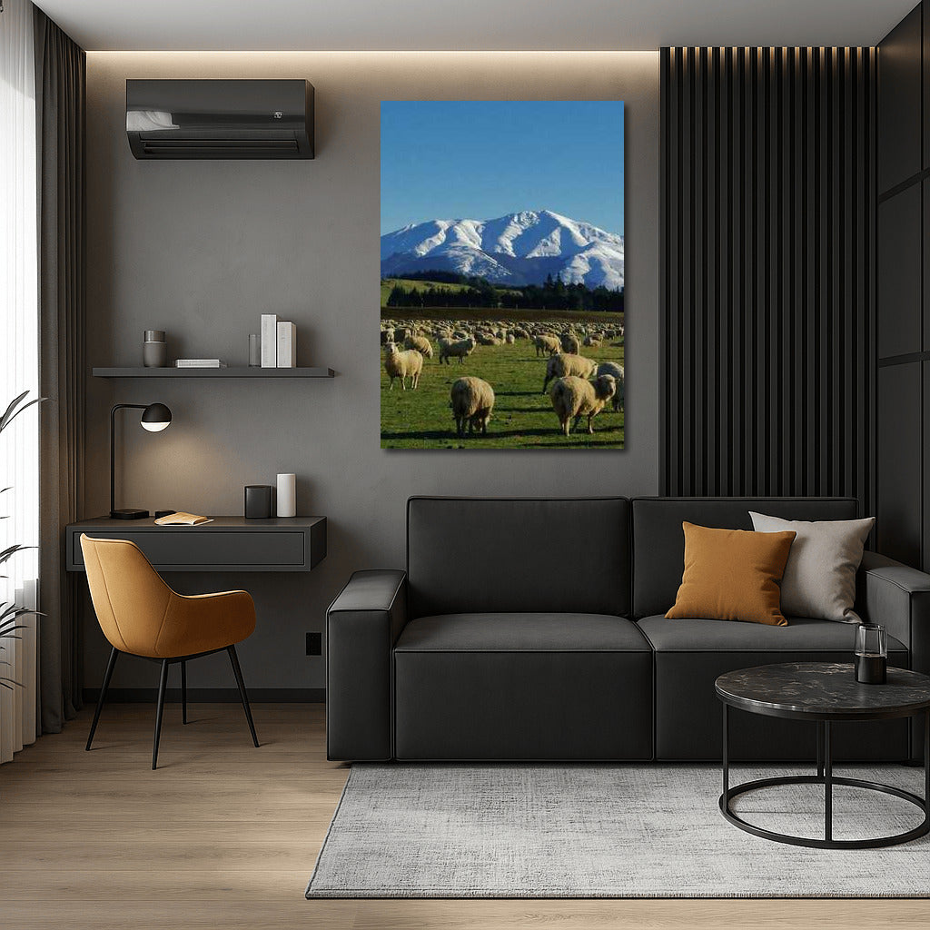 Tranquil Sheep in the Snowy Mountains of New Zealand