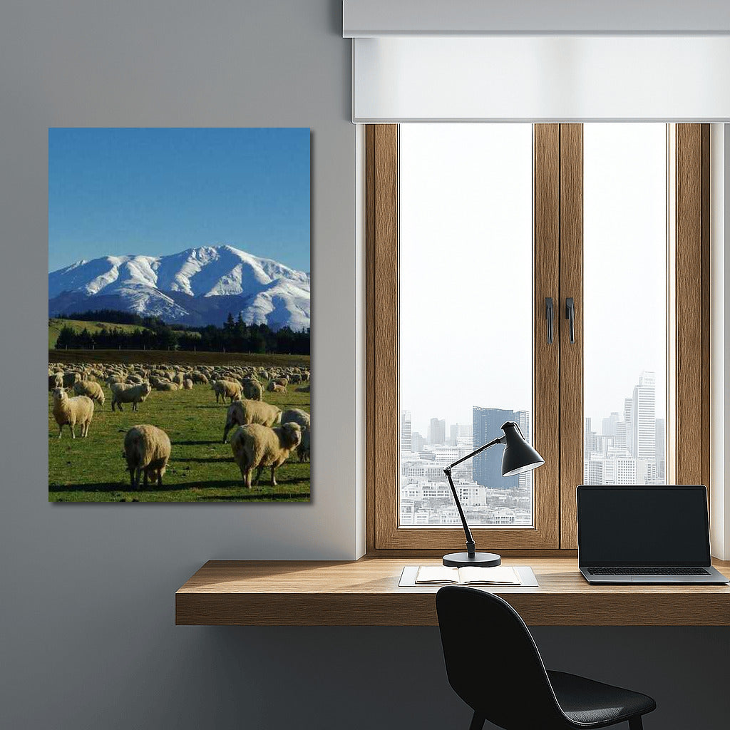 Tranquil Sheep in the Snowy Mountains of New Zealand