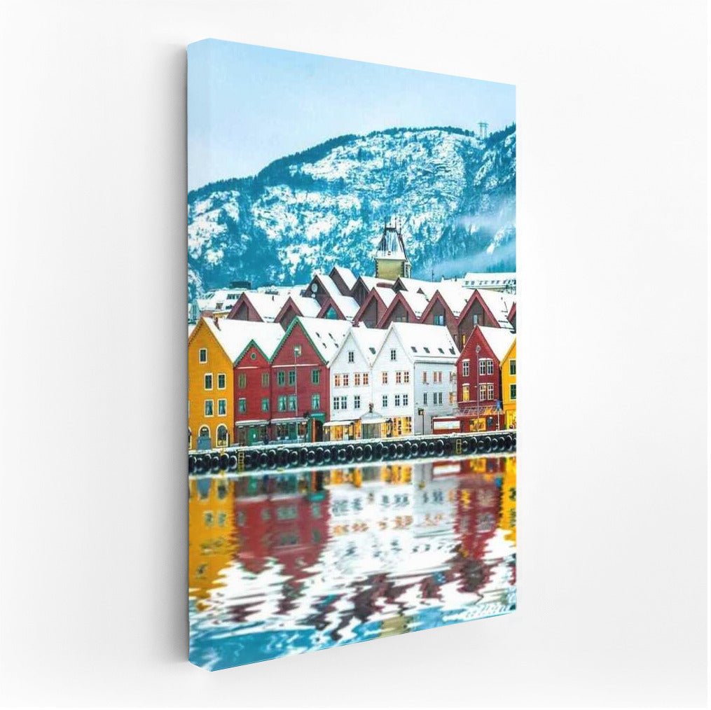 Vibrant Norwegian Homes by Calm Water and Snowy Mountains