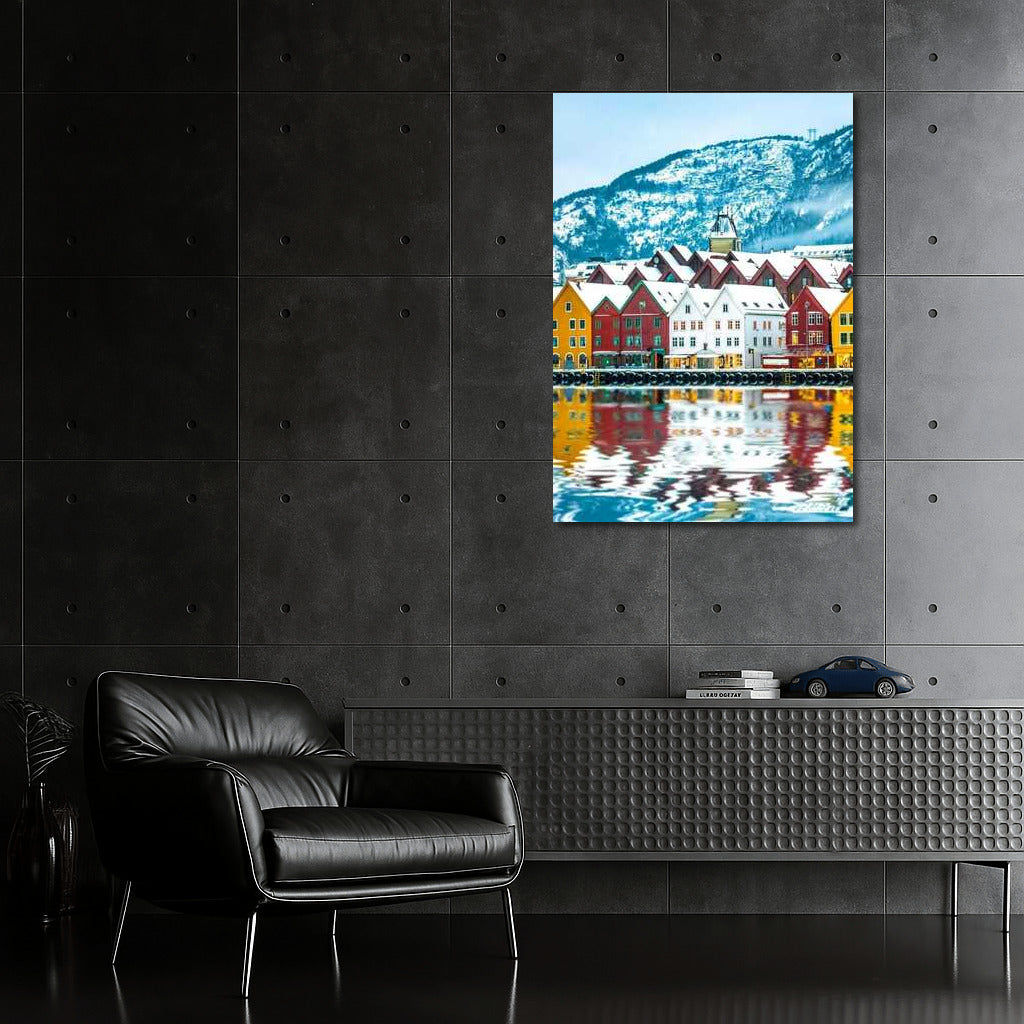 Vibrant Norwegian Homes by Calm Water and Snowy Mountains