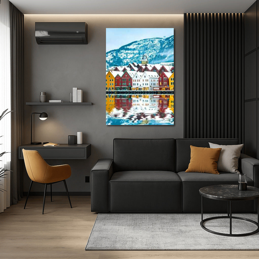 Vibrant Norwegian Homes by Calm Water and Snowy Mountains