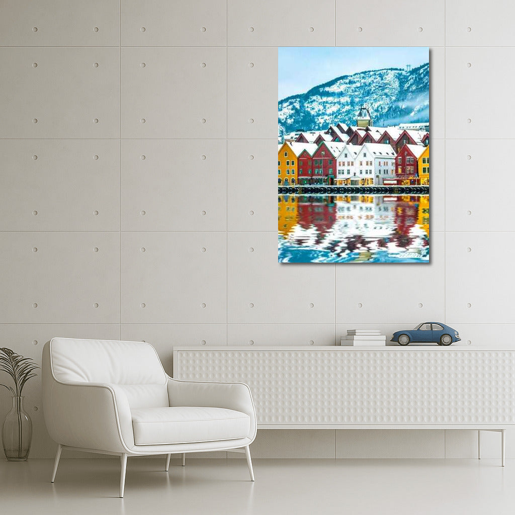 Vibrant Norwegian Homes by Calm Water and Snowy Mountains