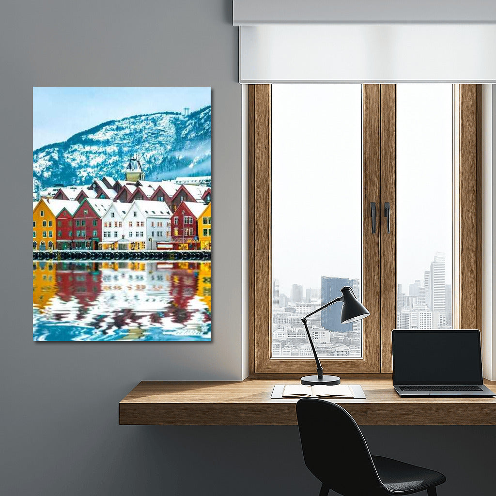 Vibrant Norwegian Homes by Calm Water and Snowy Mountains