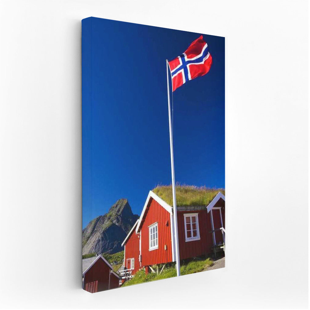 Red Houses of Norway: Landscape with Flag