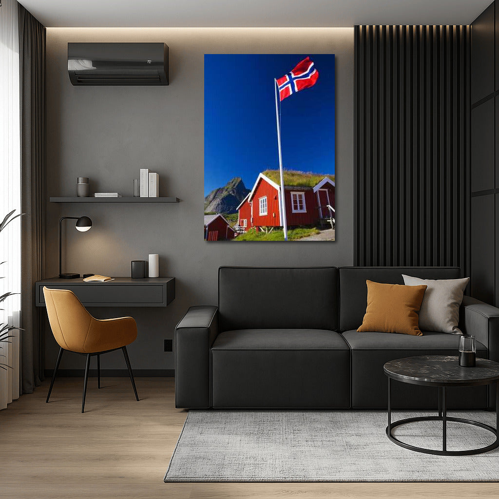 Red Houses of Norway: Landscape with Flag