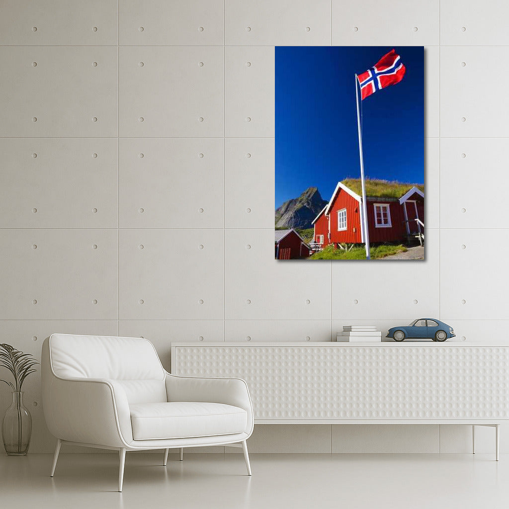 Red Houses of Norway: Landscape with Flag