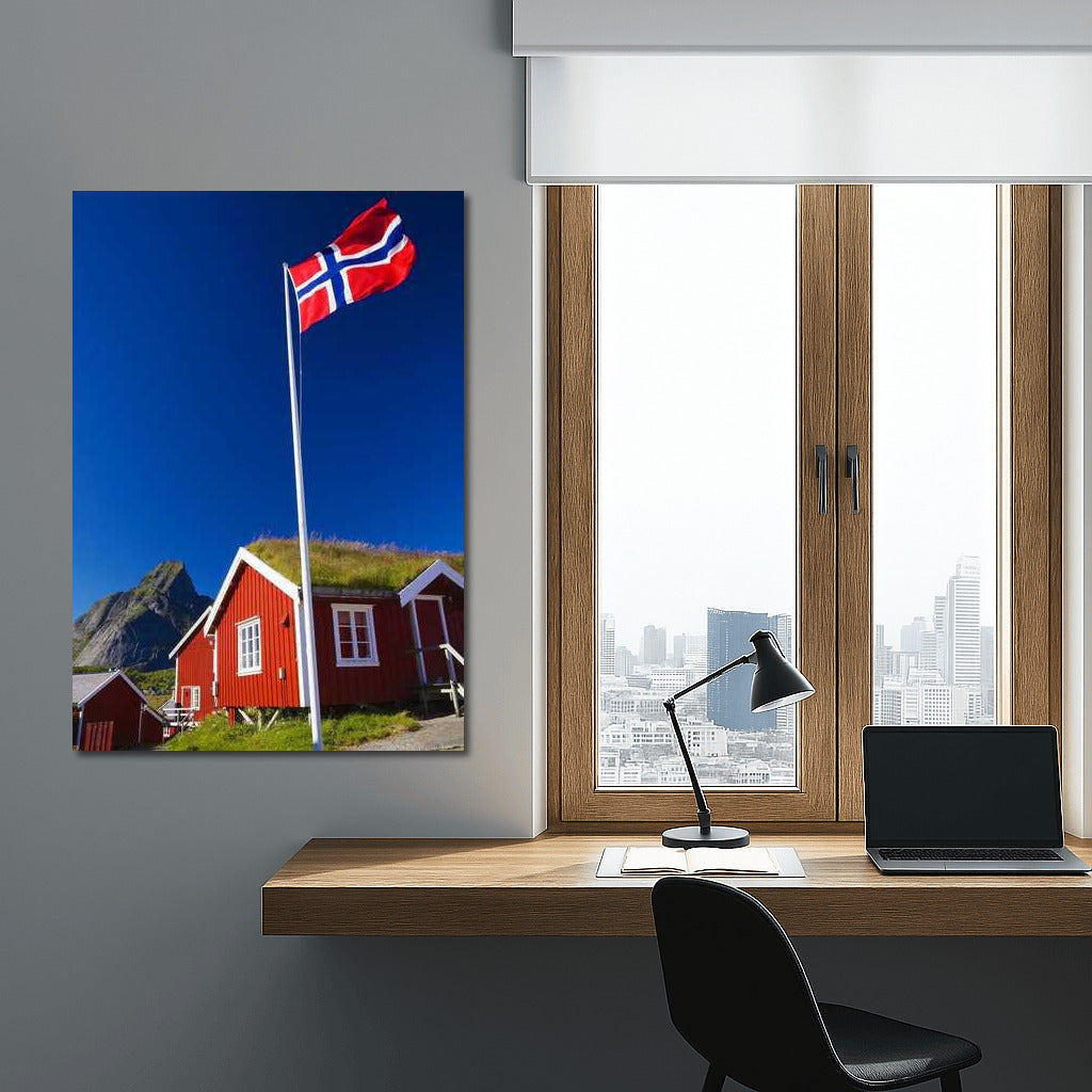 Red Houses of Norway: Landscape with Flag
