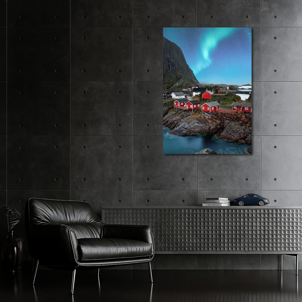 Northern Lights over the Red Houses of Norway: The Atmosphere of Scandinavia