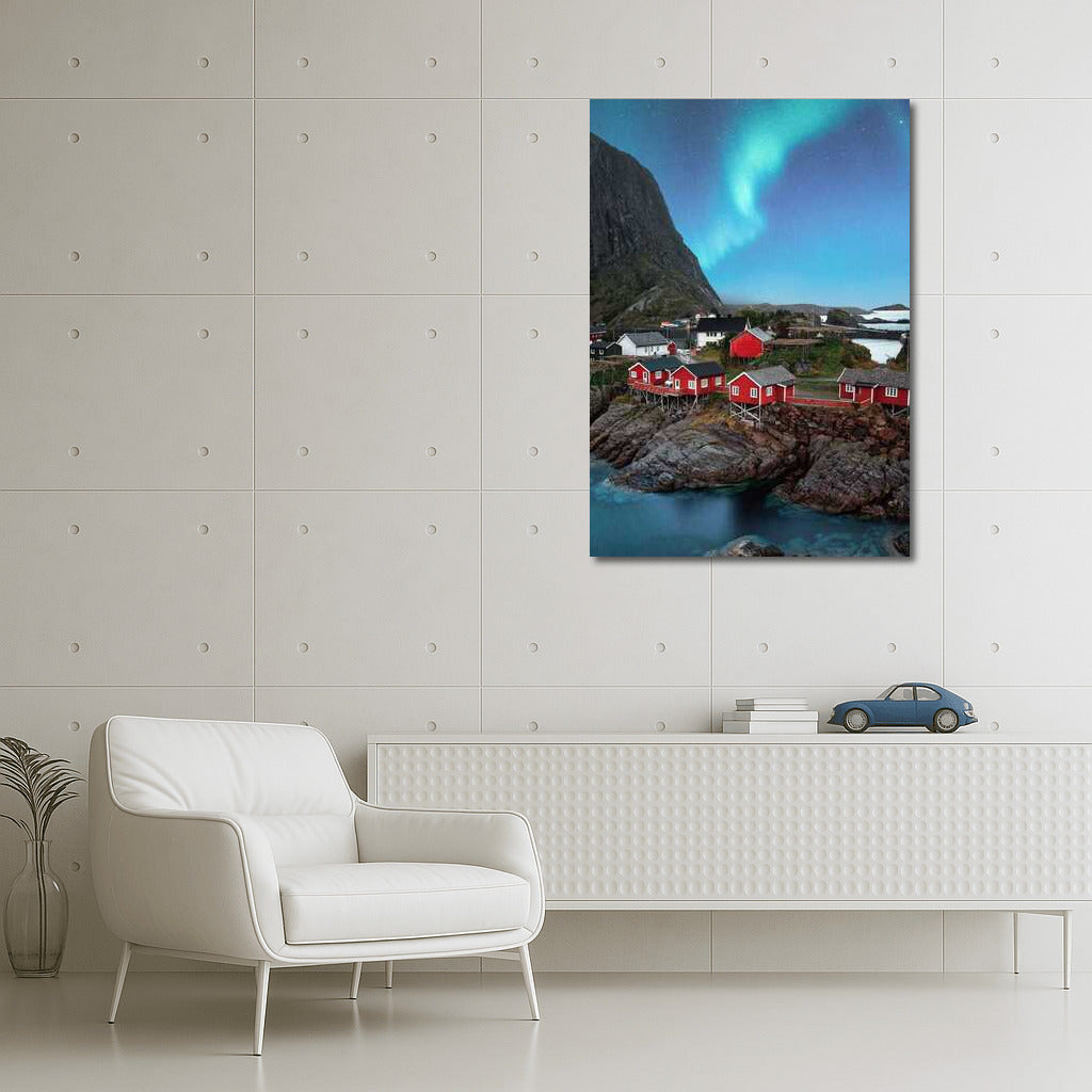 Northern Lights over the Red Houses of Norway: The Atmosphere of Scandinavia
