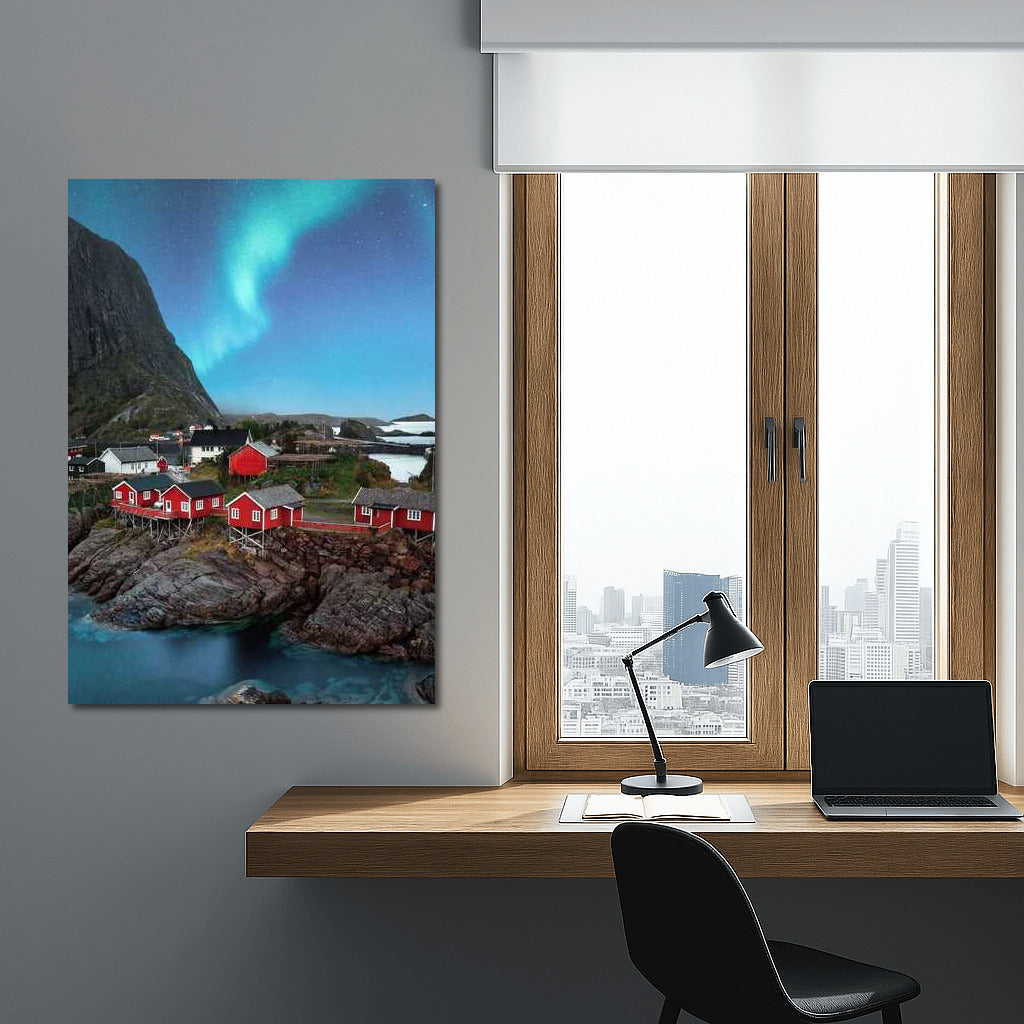 Northern Lights over the Red Houses of Norway: The Atmosphere of Scandinavia