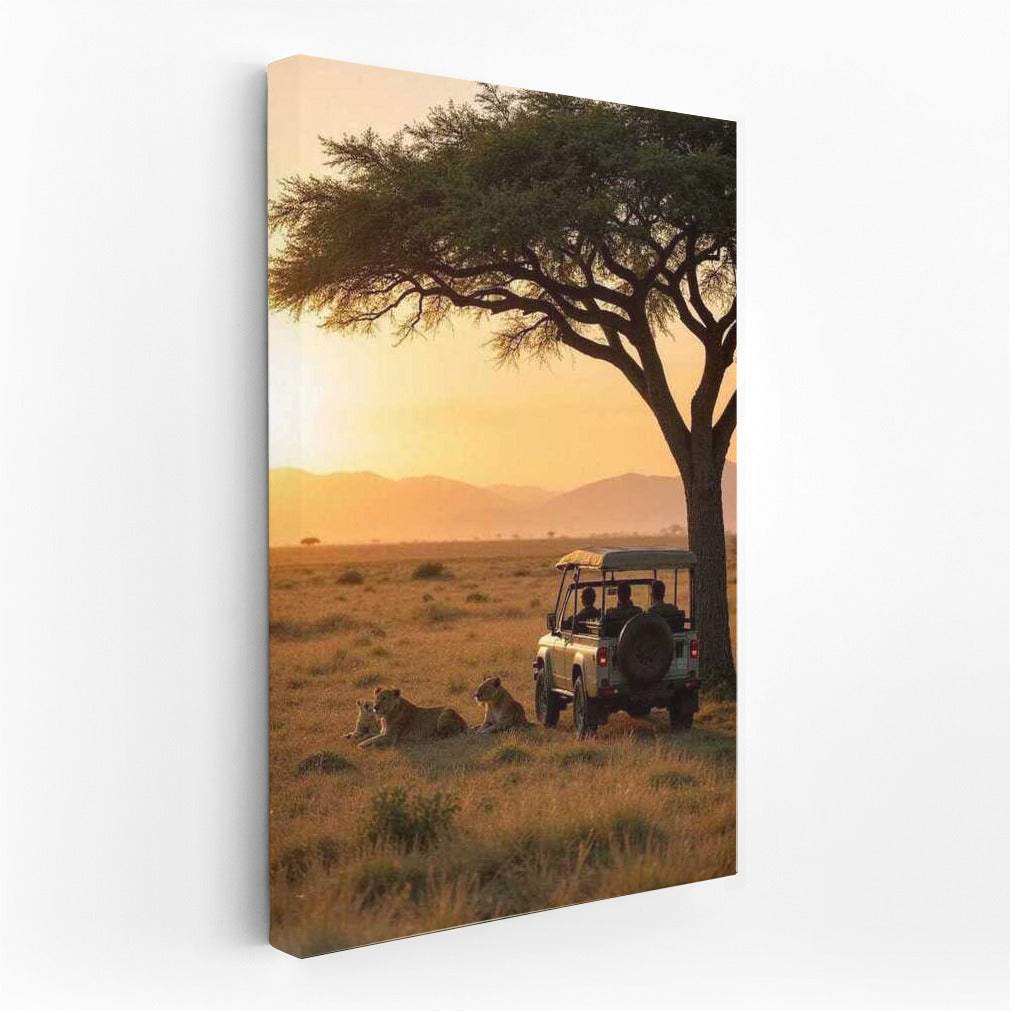 Sunset Safari: Lions and Land Rover under Acacia in South Africa