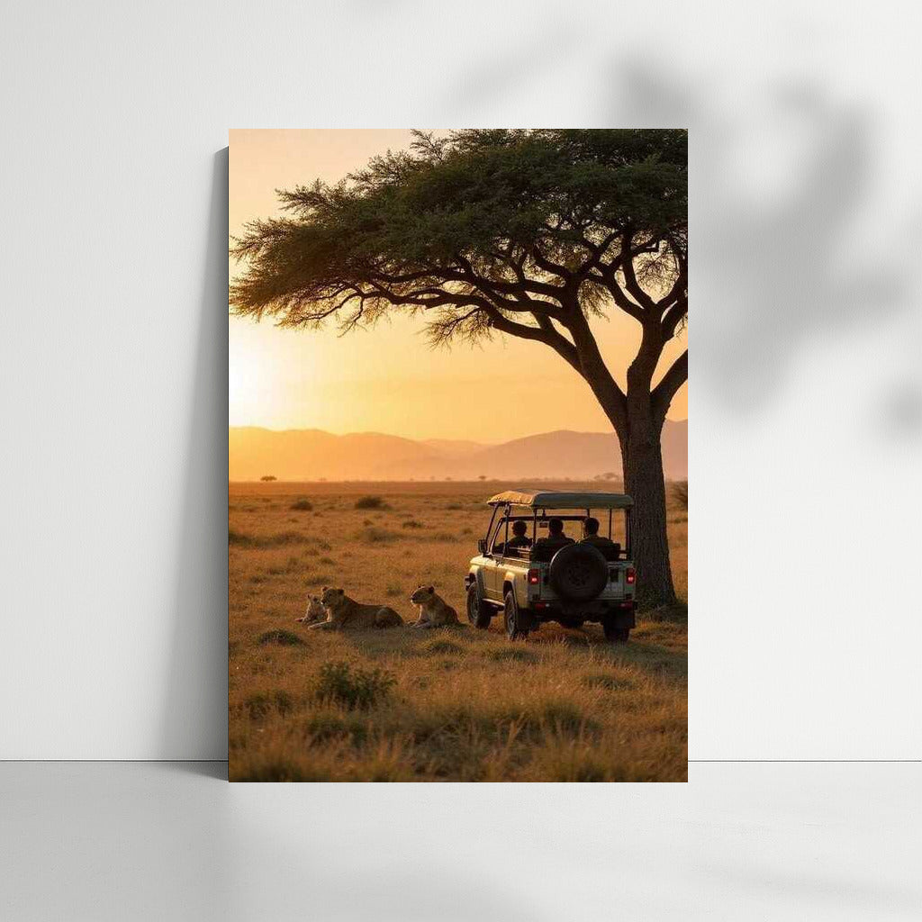 Sunset Safari: Lions and Land Rover under Acacia in South Africa