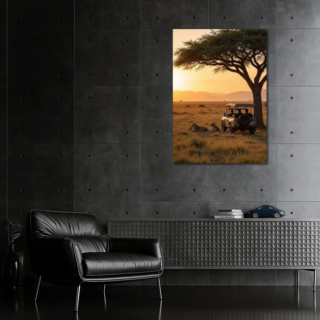 Sunset Safari: Lions and Land Rover under Acacia in South Africa