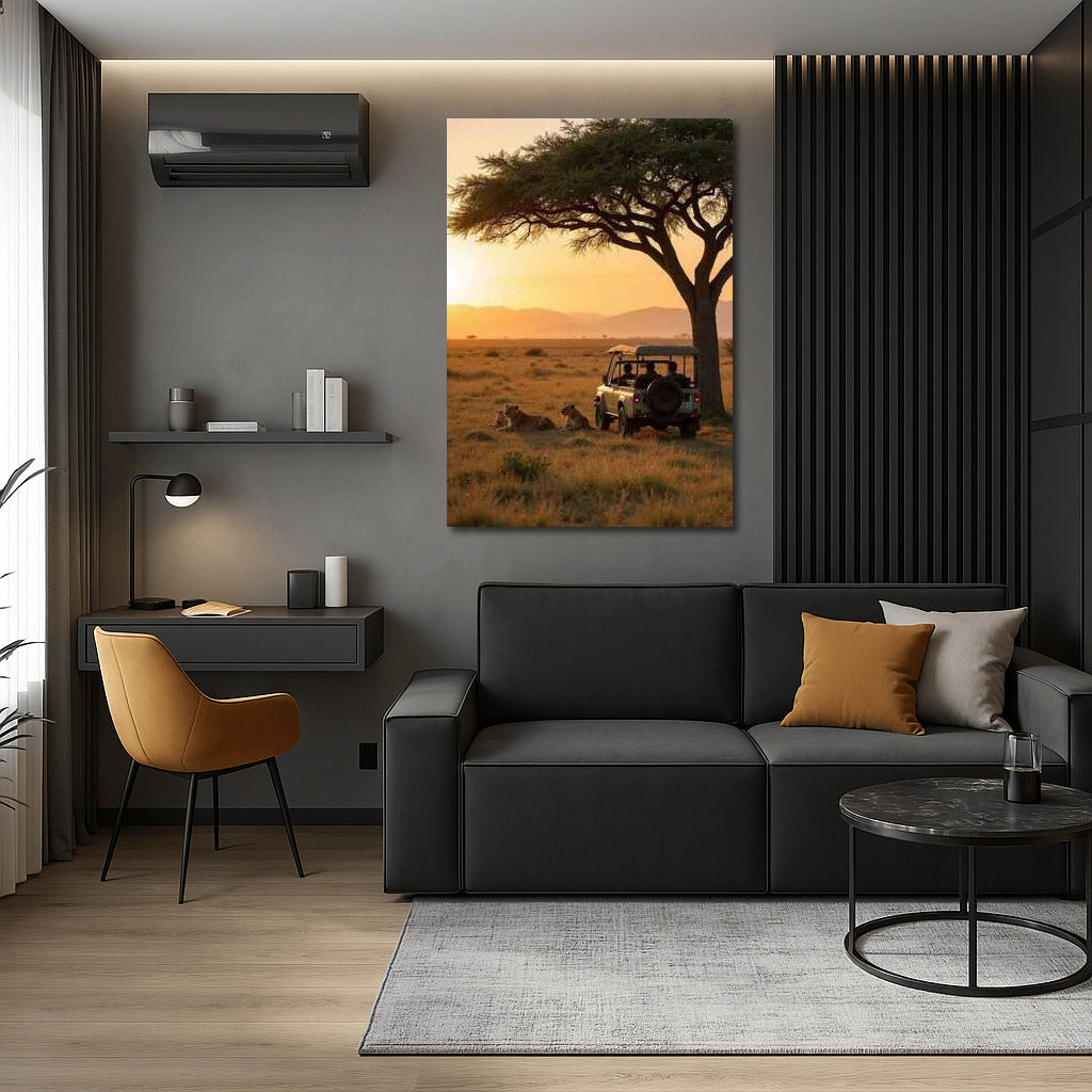 Sunset Safari: Lions and Land Rover under Acacia in South Africa