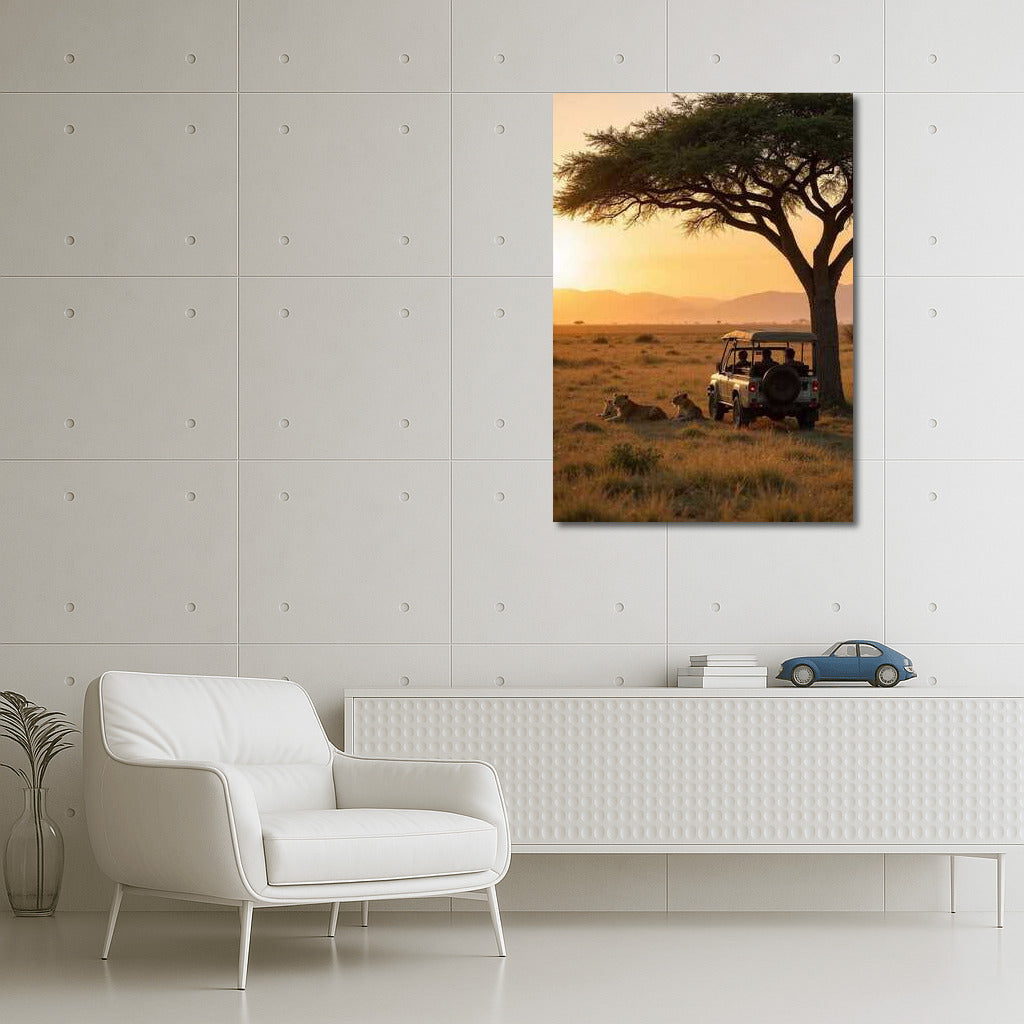 Sunset Safari: Lions and Land Rover under Acacia in South Africa