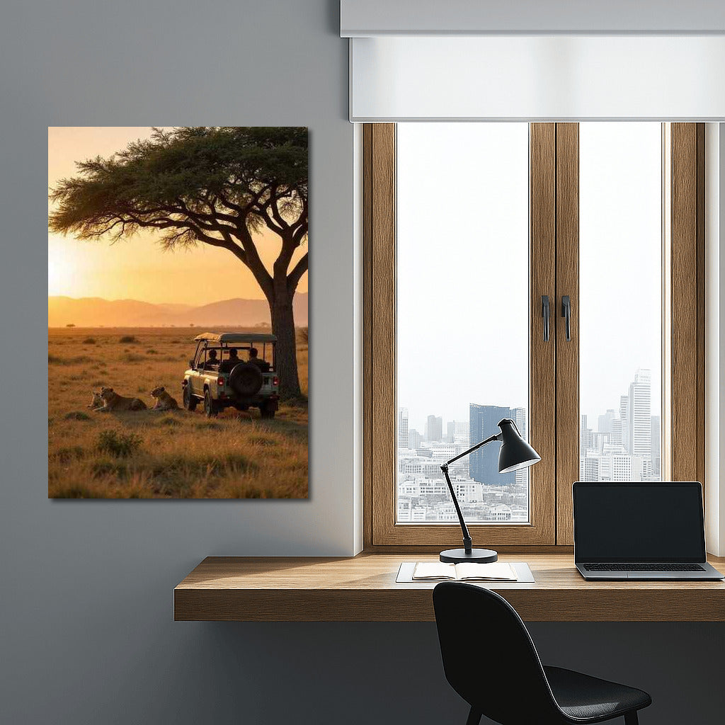 Sunset Safari: Lions and Land Rover under Acacia in South Africa