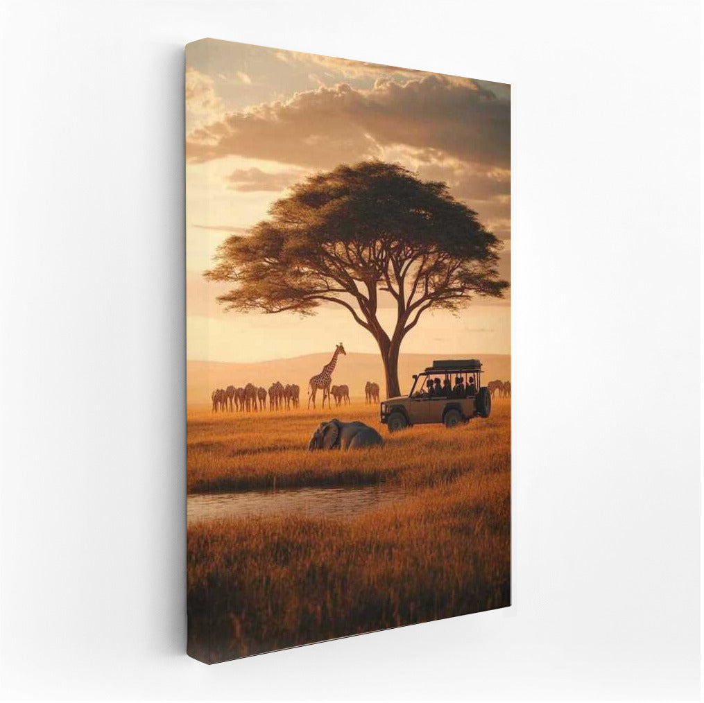 Sunset Safari: Giraffes and Car at South Africa's Majestic Tree