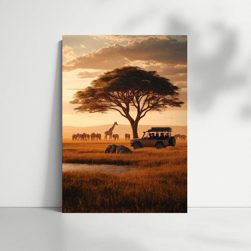 Sunset Safari: Giraffes and Car at South Africa's Majestic Tree