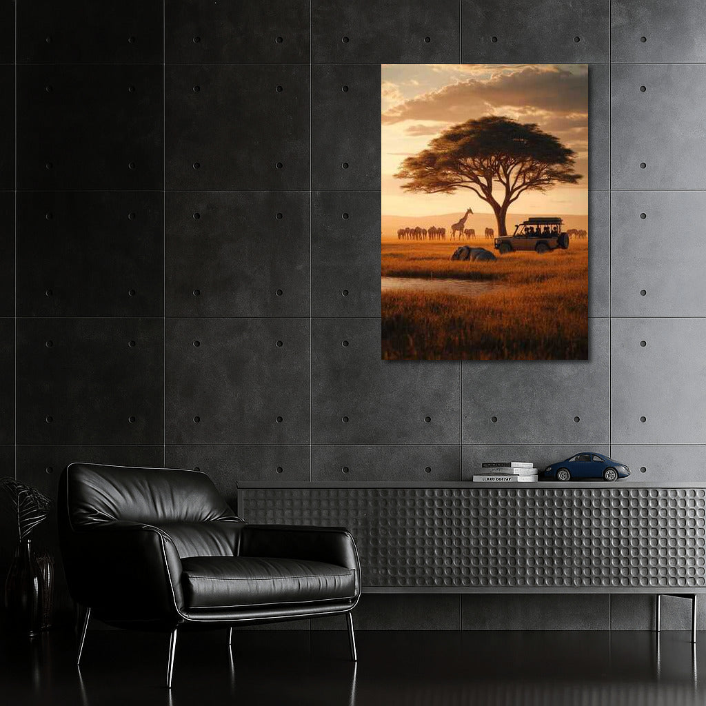 Sunset Safari: Giraffes and Car at South Africa's Majestic Tree