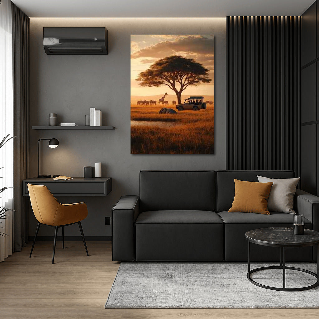Sunset Safari: Giraffes and Car at South Africa's Majestic Tree