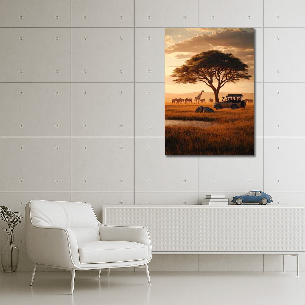 Sunset Safari: Giraffes and Car at South Africa's Majestic Tree