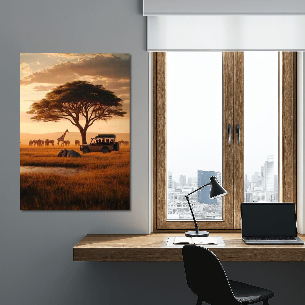 Sunset Safari: Giraffes and Car at South Africa's Majestic Tree