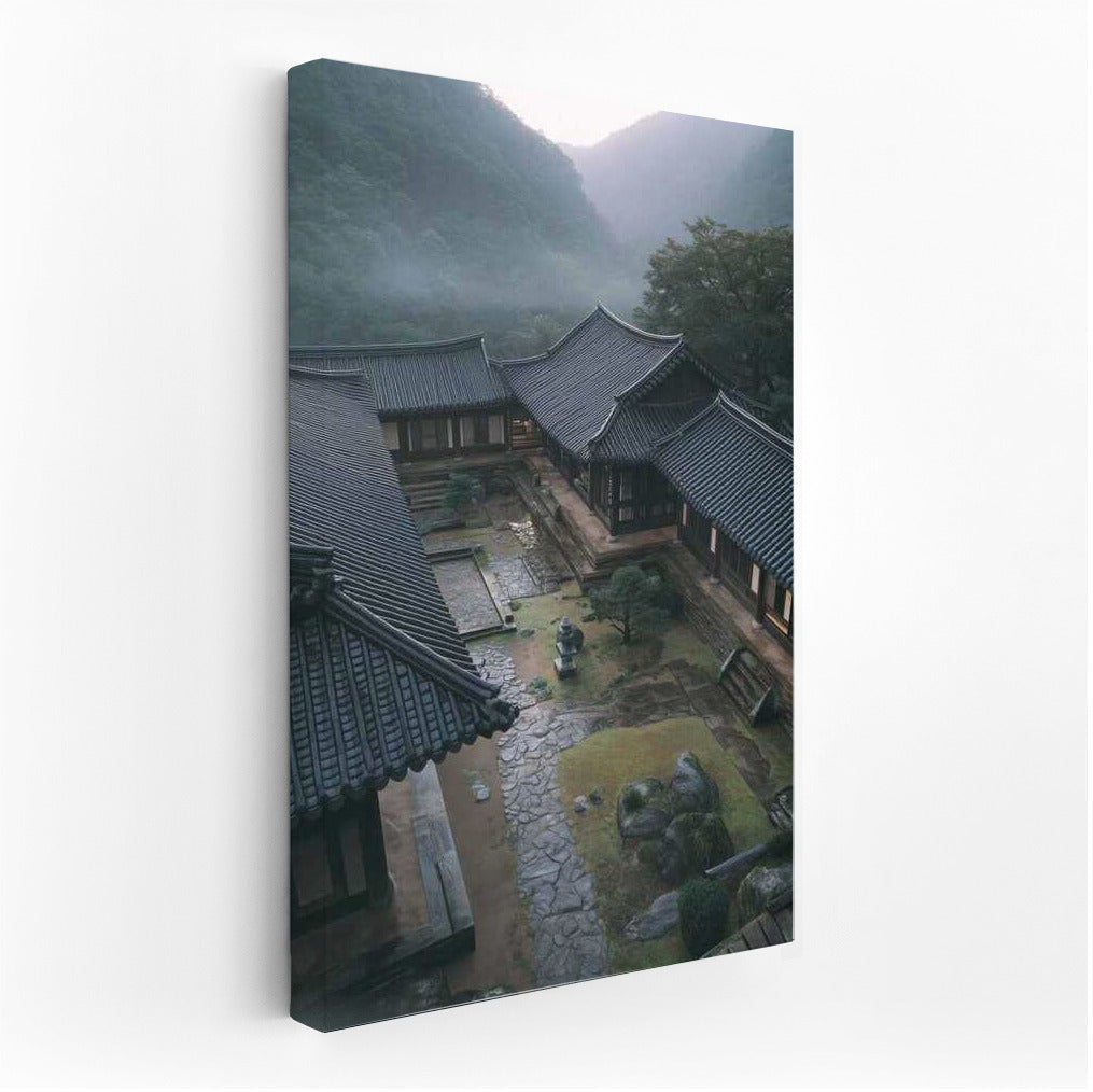 Quiet Morning in South Korea: Traditional Architecture and Mountains