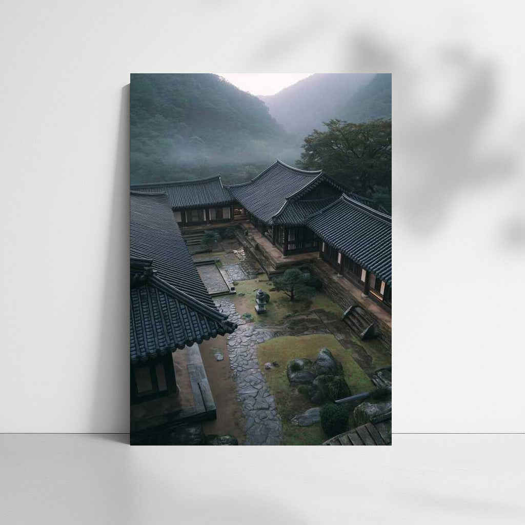 Quiet Morning in South Korea: Traditional Architecture and Mountains