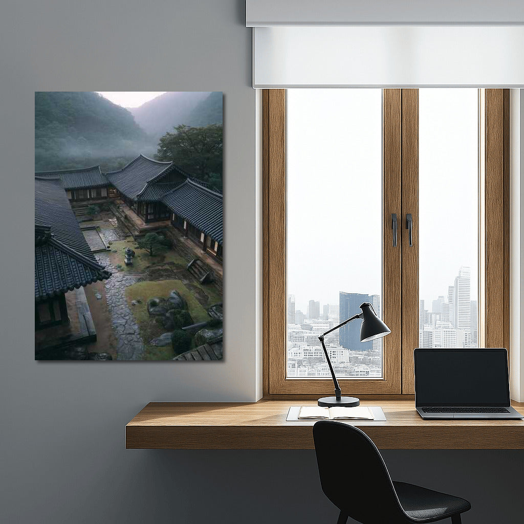 Quiet Morning in South Korea: Traditional Architecture and Mountains