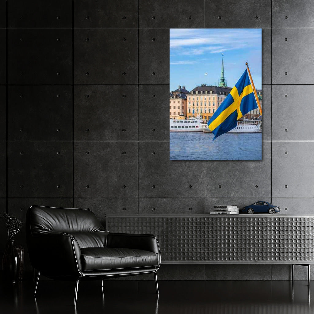 Sweden: Bright Flag Over Calm Cityscape