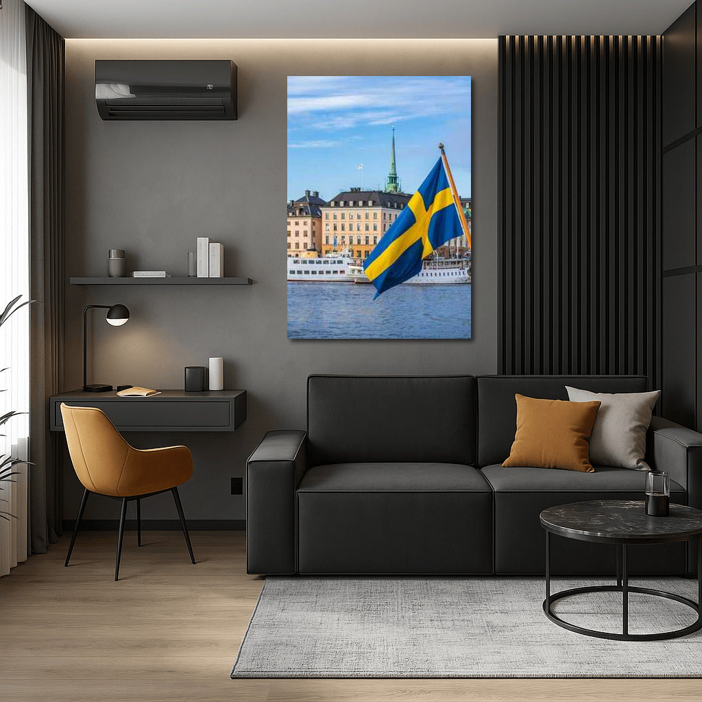 Sweden: Bright Flag Over Calm Cityscape