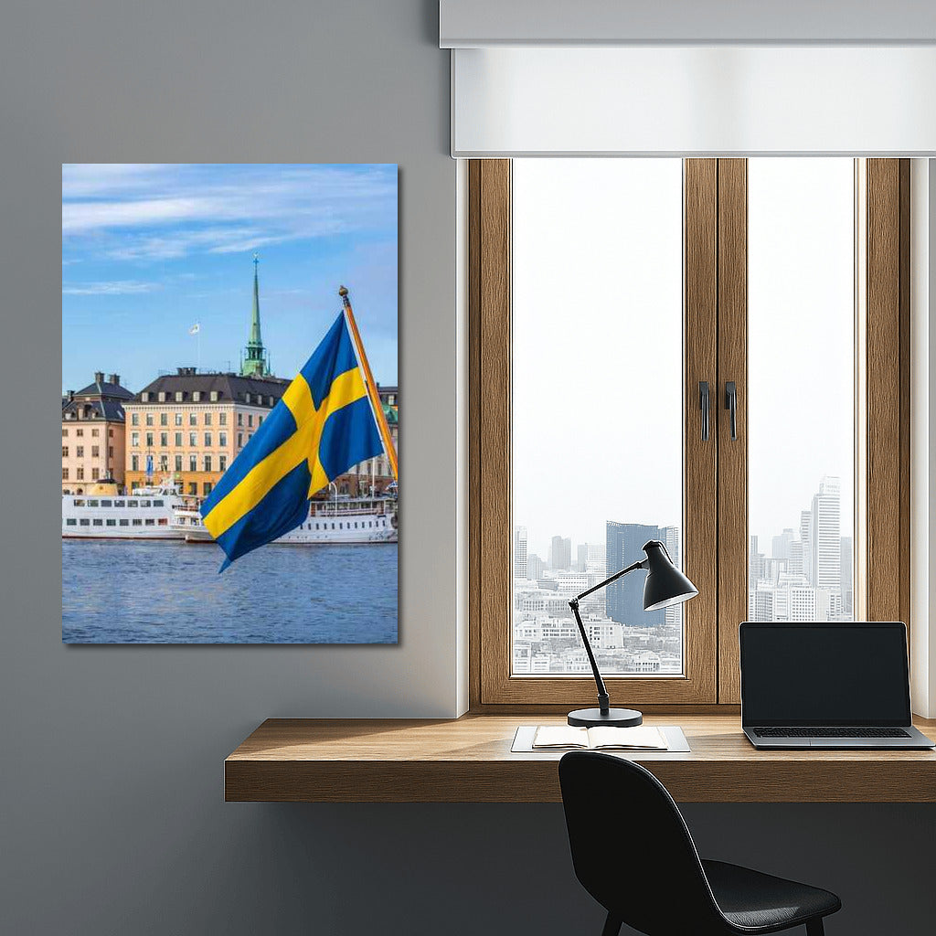 Sweden: Bright Flag Over Calm Cityscape