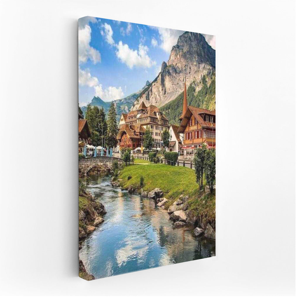 Swiss Idyll: Village by the Mountain and the Turquoise River