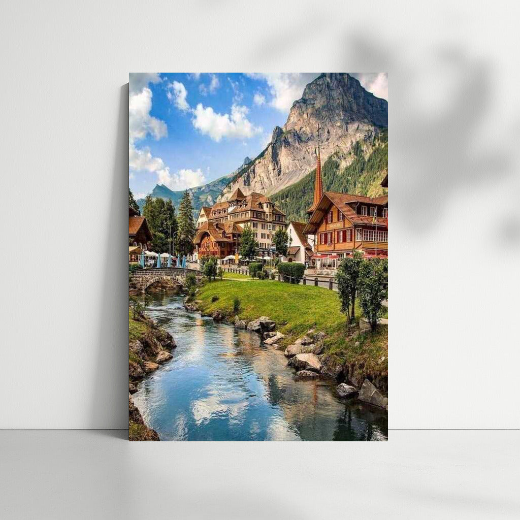 Swiss Idyll: Village by the Mountain and the Turquoise River