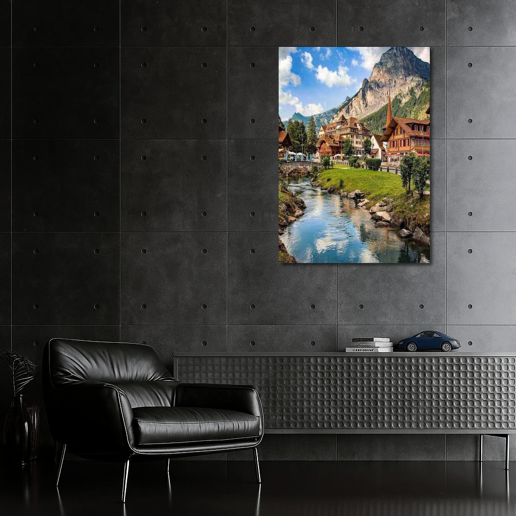 Swiss Idyll: Village by the Mountain and the Turquoise River