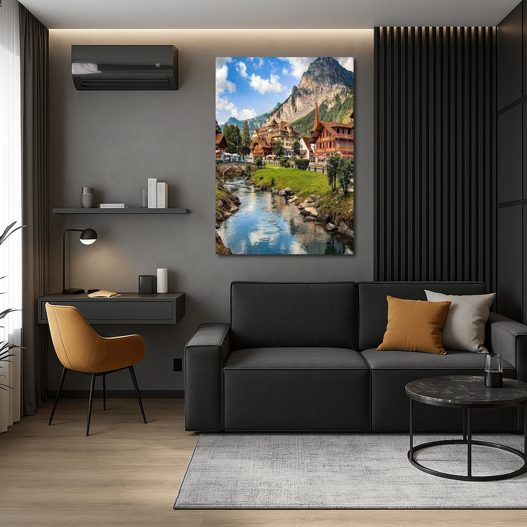 Swiss Idyll: Village by the Mountain and the Turquoise River