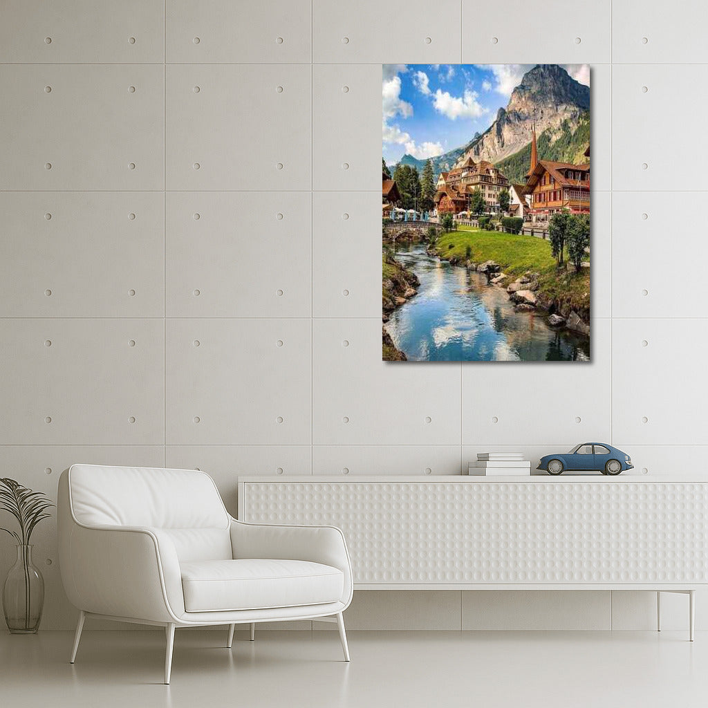 Swiss Idyll: Village by the Mountain and the Turquoise River
