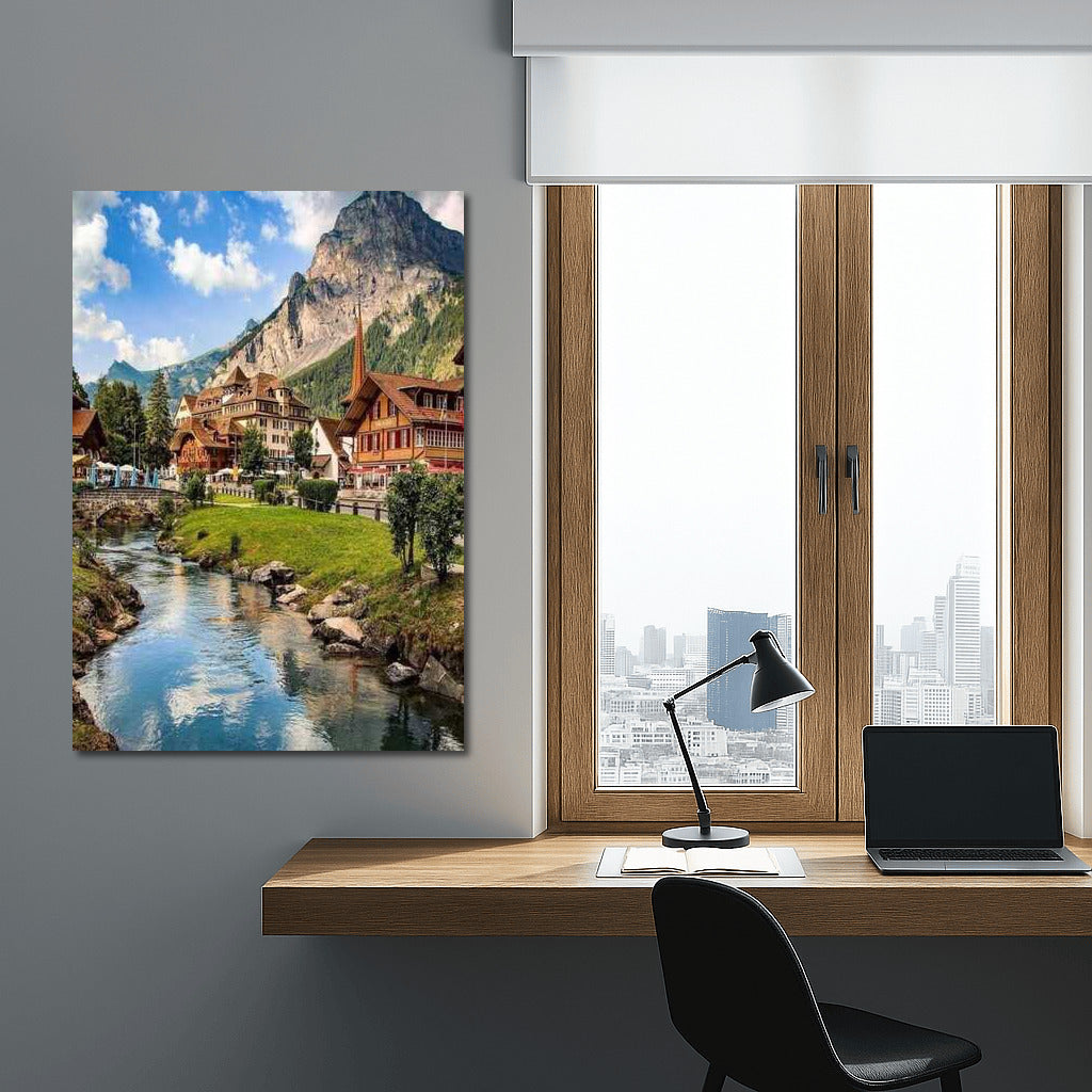 Swiss Idyll: Village by the Mountain and the Turquoise River