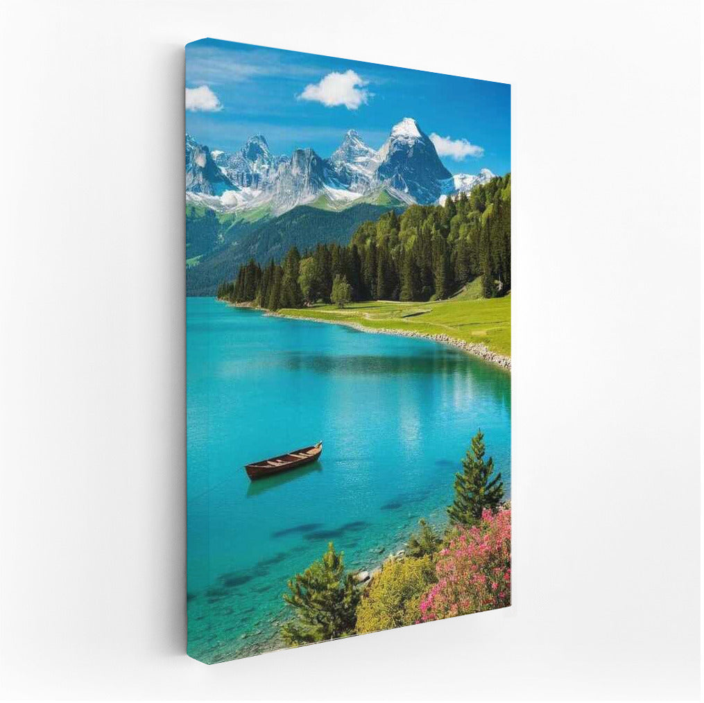 Swiss Idyll: Mountains and Boat at Mirror Lake