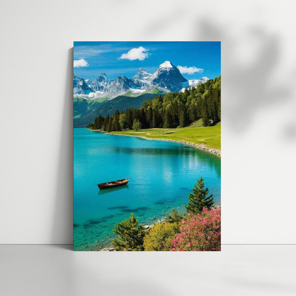 Swiss Idyll: Mountains and Boat at Mirror Lake
